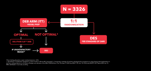 SELUTION DeNovo Study randomization diagram: 3,326 patients randomized 1:1 between the DEB arm with vessel preparation and a DES arm per standard of care